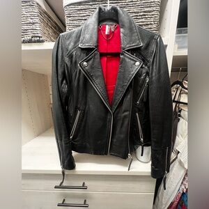 Topshop Black Leather Jacket with Red Interior